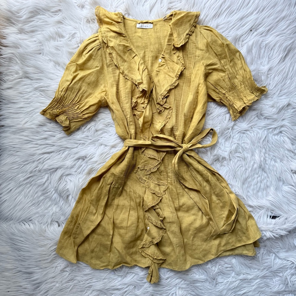 Dôen Piper Dress mini puff sleeve ruffle semolina mustard yellow gold color XS
